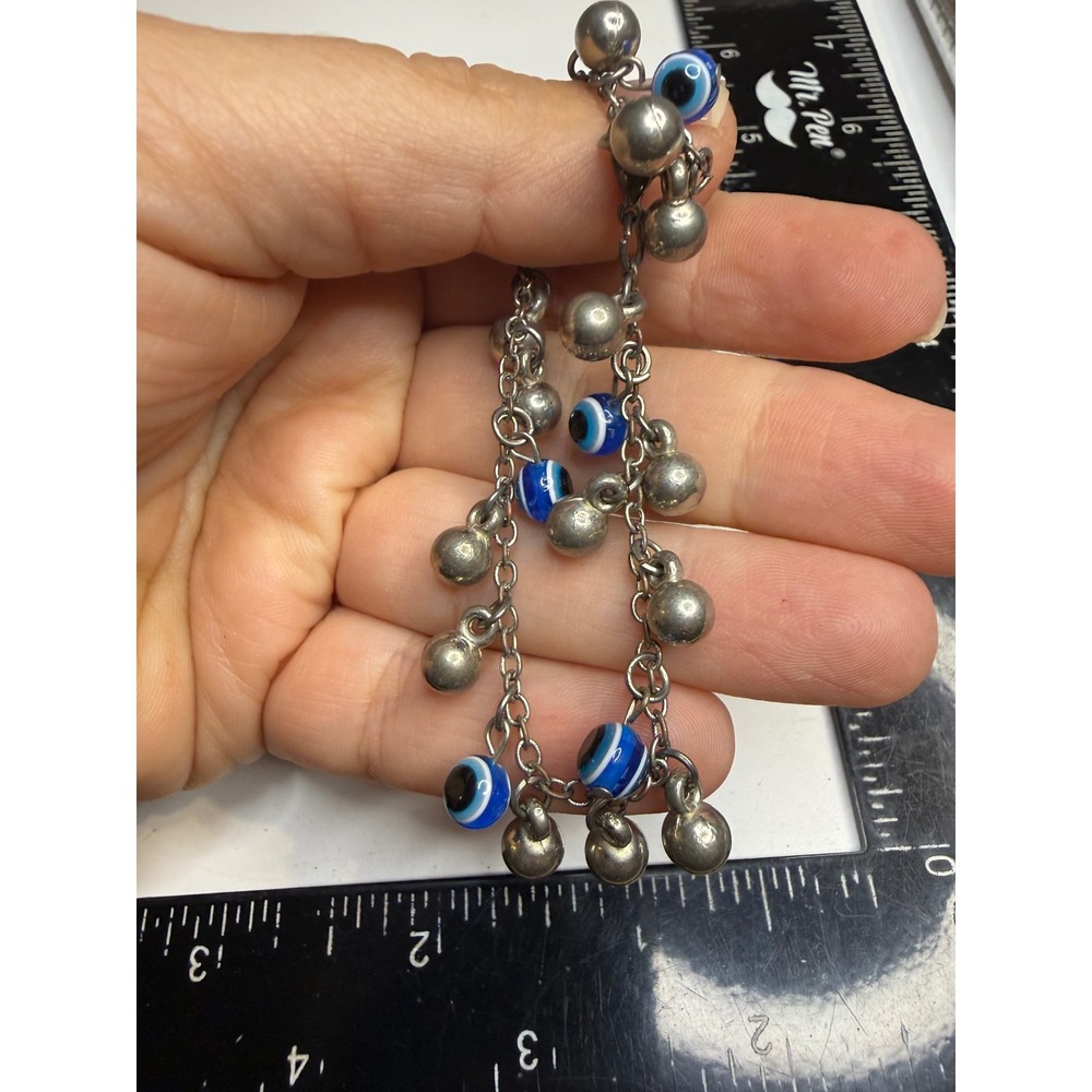 Evil Eye Nazar Bead Charm Bracelet Silver Tone Blue Glass Orbs 7 Inch